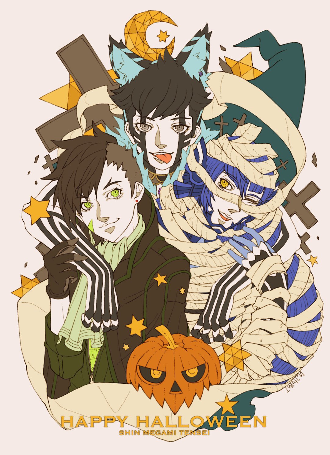 androgynous, animal_ears, armor, bandages, bangs, black_hair, blue_eyes, blue_hair, blush, bodysuit, brown_hair, collarbone, crossover, eyelashes, facial_mark, full-body_tattoo, green_eyes, halloween, highres, hitoshura, hug, long_hair, long_sleeves, looking_at_viewer, male_focus, multiple_boys, nanashi_(shin_megami_tensei_iv_final), o_mitomi, protagonist_(smtv), purple_hair, shin_megami_tensei, shin_megami_tensei_iii:_nocturne, shin_megami_tensei_iv_final, shin_megami_tensei_v, short_hair, simple_background, smile, tattoo, very_long_hair, weapon, wolf_ears, yellow_eyes