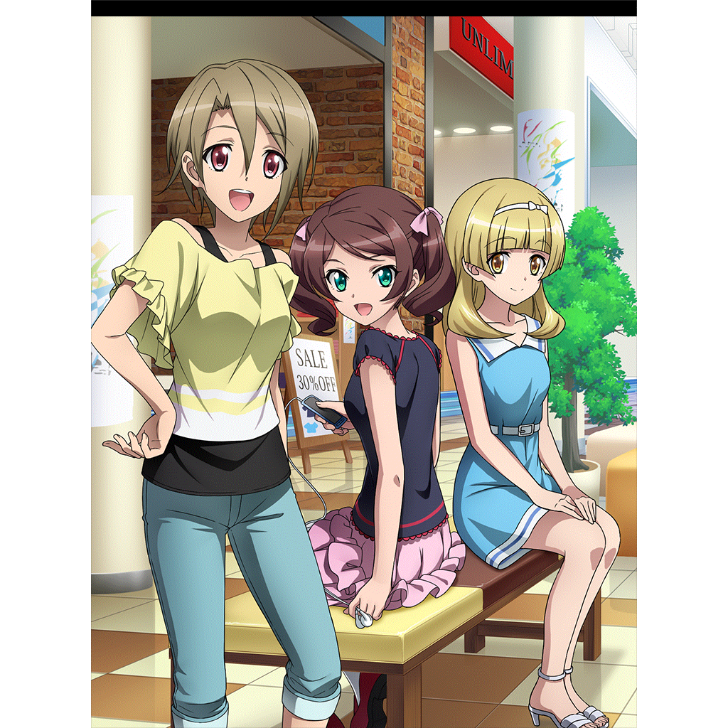 3girls, andou_kuriyo, artist_request, blonde_hair, blue_dress, blush, breasts, brown_eyes