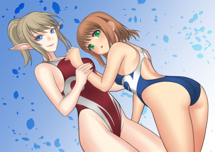 2girls, blonde_hair, blue_eyes, brown_hair, character_request, cognite, commentary_request, competition_swimsuit