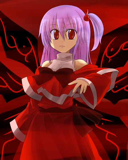 bare_shoulders, kazami_ruku, long_hair, multiple_wings, purple_hair, red, red_eyes, shinki, side_ponytail, touhou, wings