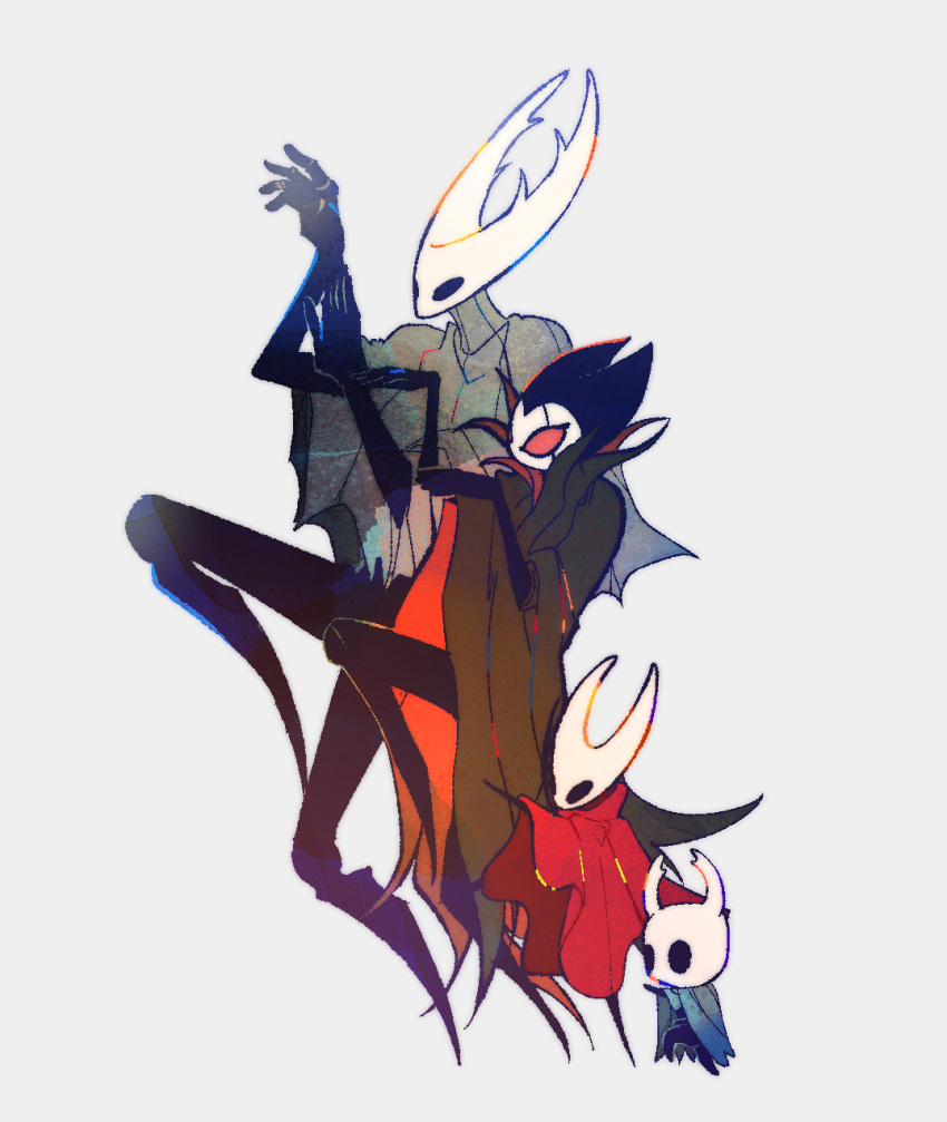 broken_mask, cloak, colored_sclera, full_body, grey_background, grey_cloak, grimm_(hollow_knight), highres, hollow_eyes, hollow_knight, hollow_knight_(character), hornet_(hollow_knight), horns, joints, knee_up, knight_(hollow_knight), korean_commentary, mask, no_humans, no_pupils, red_cloak, red_sclera, shak_(gongi), yotsubato!, yotsubato!_pose