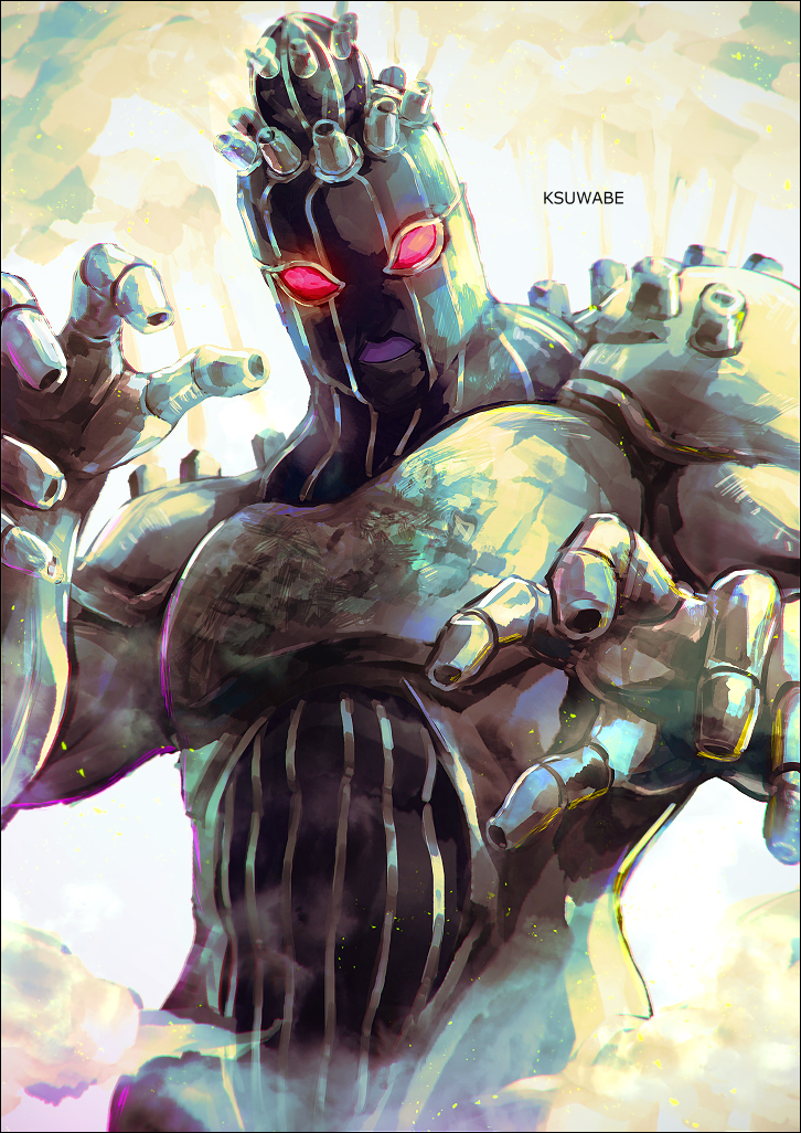 1other, artist_name, colored_skin, cowboy_shot, gas, green_day_(stand), green_skin, jojo_no_kimyou_na_bouken, k-suwabe, looking_at_viewer, no_humans, red_eyes, simple_background, stand_(jojo), vento_aureo, white_background