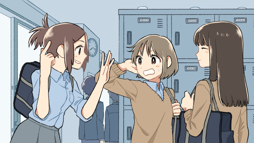 3girls, brown_hair, closed_eyes, hand_up, highres, index_finger_raised, kojiro337, locker