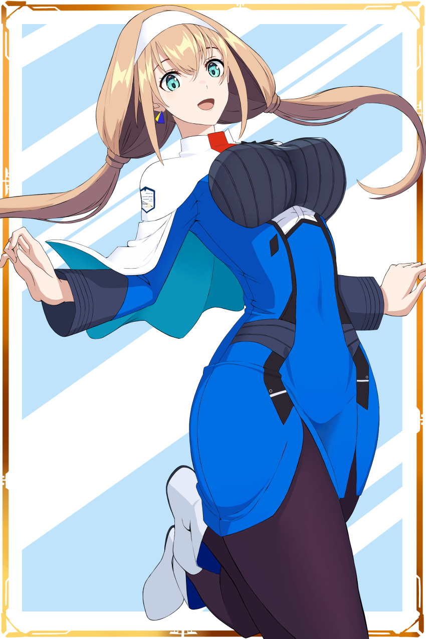 1girl, absurdres, black_legwear, blonde_hair, blue_eyes, blue_skirt, boots, breasts
