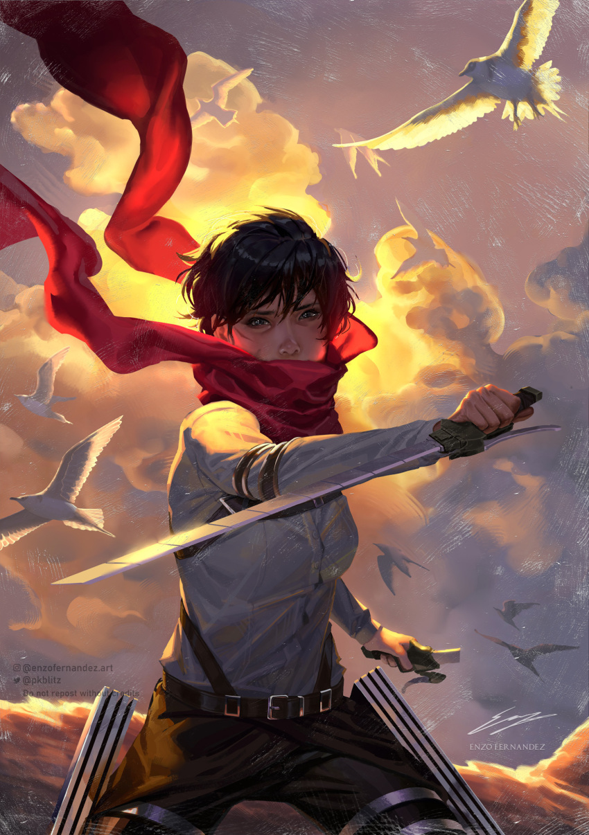 1girl, bird, black_hair, breasts, clouds, cloudy_sky, enzo_fernandez, flying