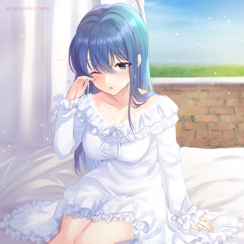 1girl, alternate_costume, awayuki_ramika, bed, blue_eyes, blue_hair, blush, breasts