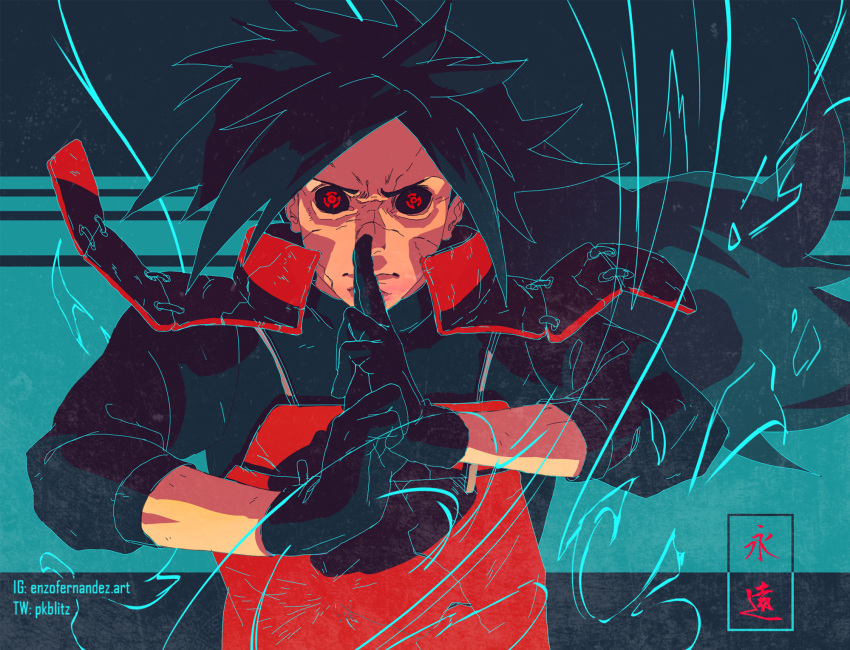 1boy, armor, aura, bangs, black_gloves, black_hair, enzo_fernandez, fighting_stance