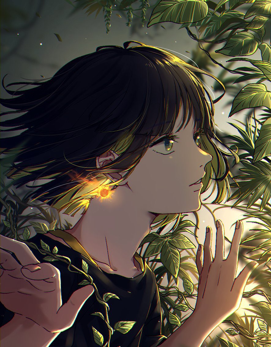 1boy, amanoiyo_14, bangs, black_hair, blonde_hair, bob_cut, colored_inner_hair, earrings, eyelashes, fingernails, fire, from_side, glowing, glowing_earrings, jewelry, leaf, looking_away, multicolored_hair, nature, original, parted_lips, plant, portrait, two-tone_hair, vines