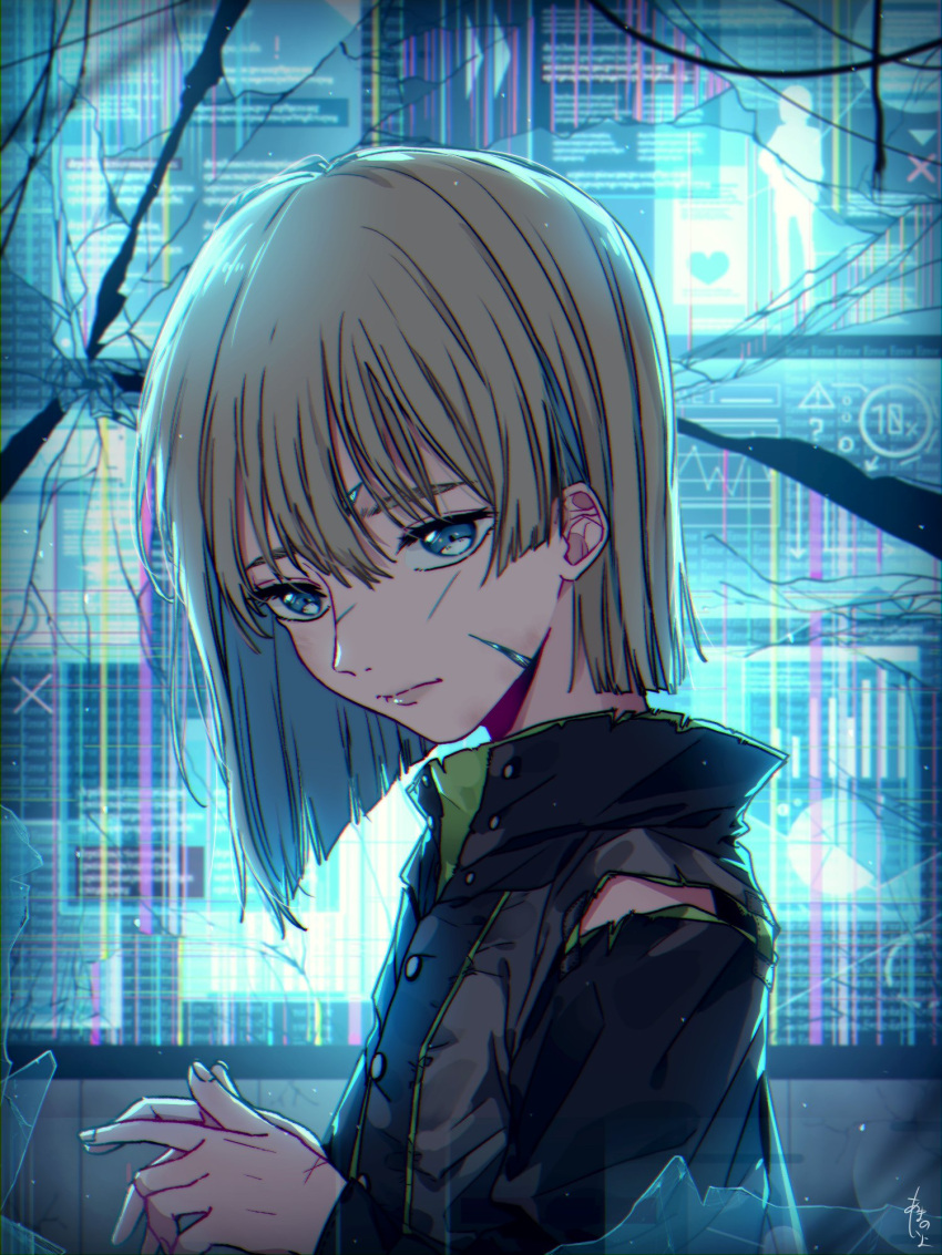 1boy, amanoiyo_14, android, asymmetrical_hair, bangs, blonde_hair, blue_eyes, blue_hair