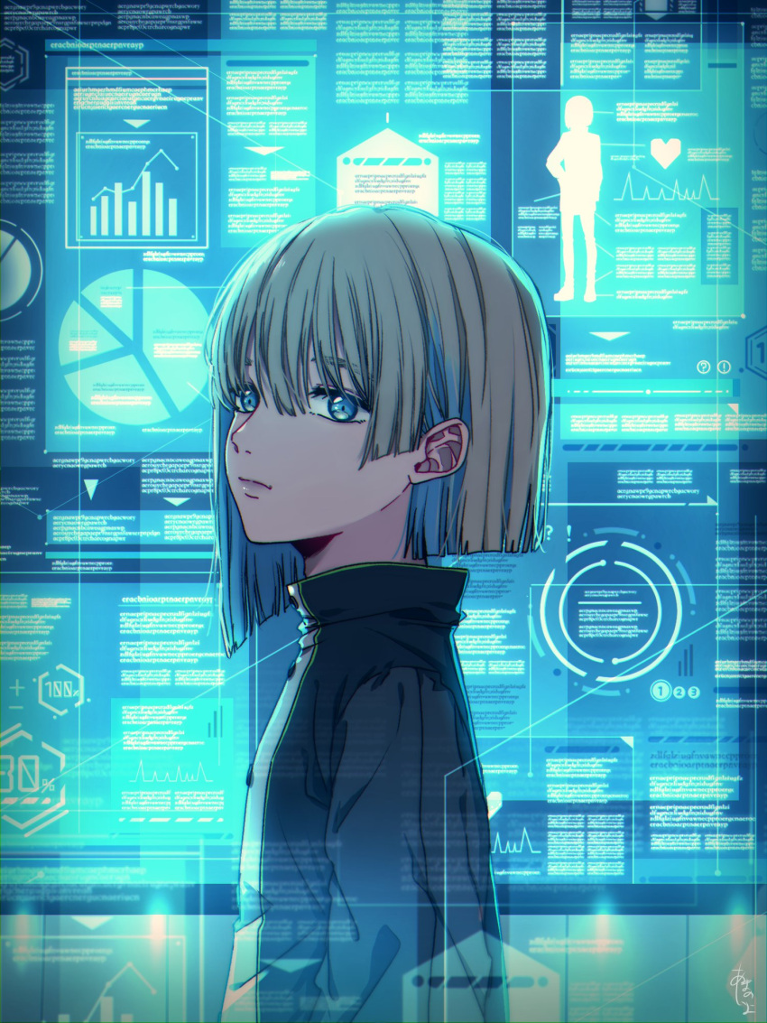 1boy, amanoiyo_14, asymmetrical_hair, bangs, blonde_hair, blue_eyes, blue_hair, blue_theme