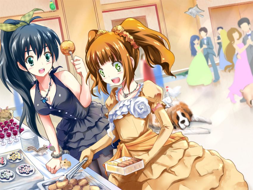 +_+, anbi, animal, bird, black_hair, brown_hair, buffet, bunny