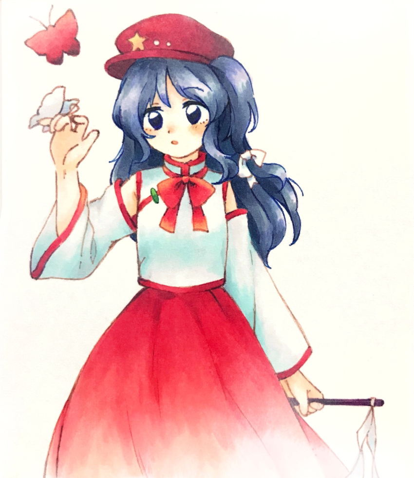 1girl, bangs, blue_eyes, blue_hair, bow, bowtie, bug, butterfly, cabbie_hat, commentary, detached_sleeves, extra, eyebrows_visible_through_hair, flat_cap, gohei, hair_bow, hair_ribbon, hand_up, hat, highres, itsuki_(_dw), label_girl_(dipp), long_hair, long_sleeves, looking_at_viewer, mandarin_collar, red_bow, red_bowtie, red_butterfly, red_headwear, red_neckwear, red_skirt, ribbon, side_ponytail, simple_background, skirt, solo, star_(symbol), touhou, traditional_media, tress_ribbon, vest, wavy_hair, white_background, white_bow, white_butterfly, white_ribbon, white_sleeves, white_vest, wide_sleeves