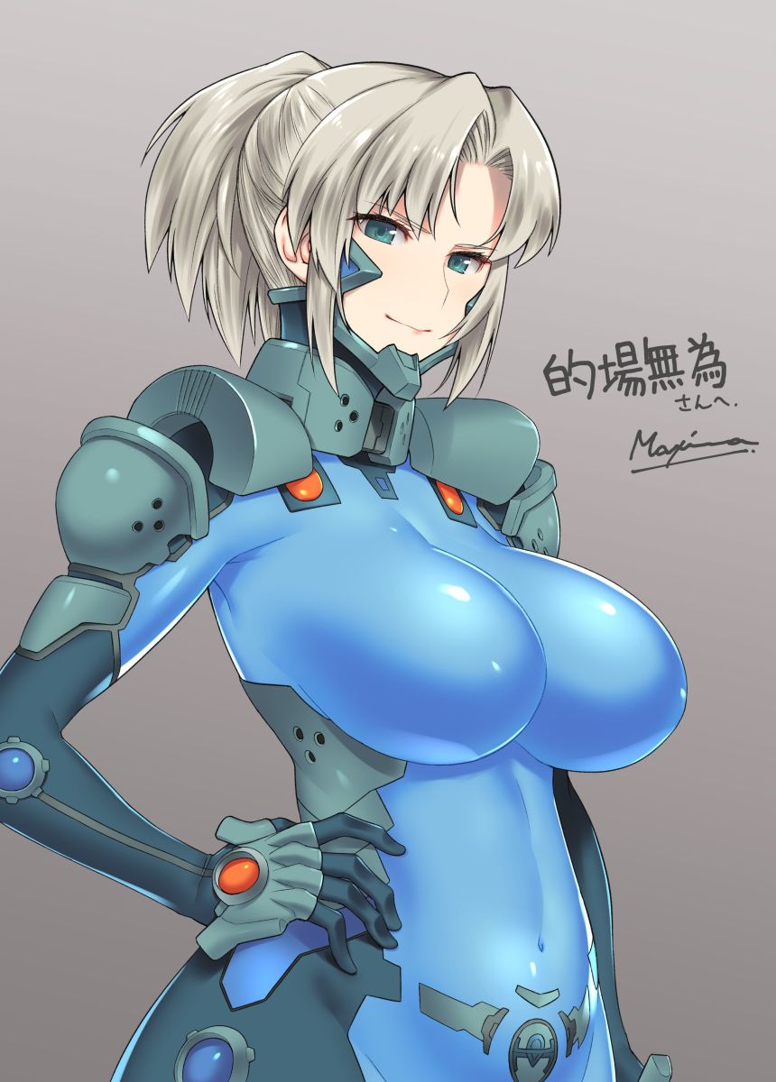 1girl, bangs, blonde_hair, bodysuit, breasts, brown_background, commission, covered_navel