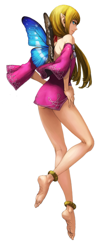 1girl, anklet, barefoot, blonde_hair, blue_wings, butterfly_wings, fairy, feet