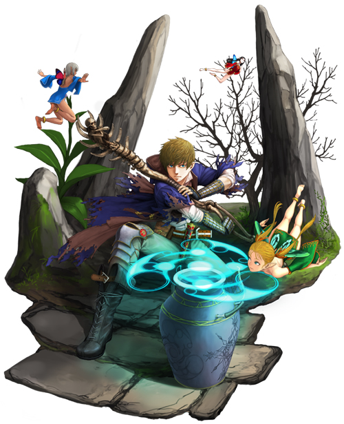 1boy, 3girls, boots, fairy, flying, gauntlets, jar, multiple_girls