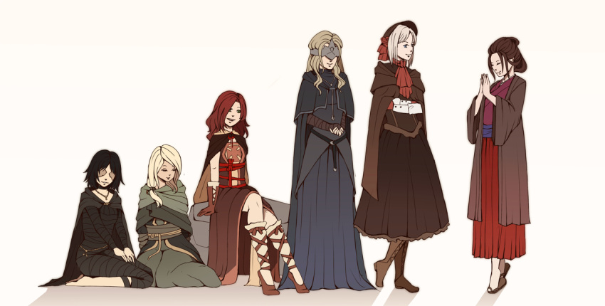 6+girls, anastacia_of_astora, ascot, black_hair, blonde_hair, bloodborne, bonnet, brown_hair