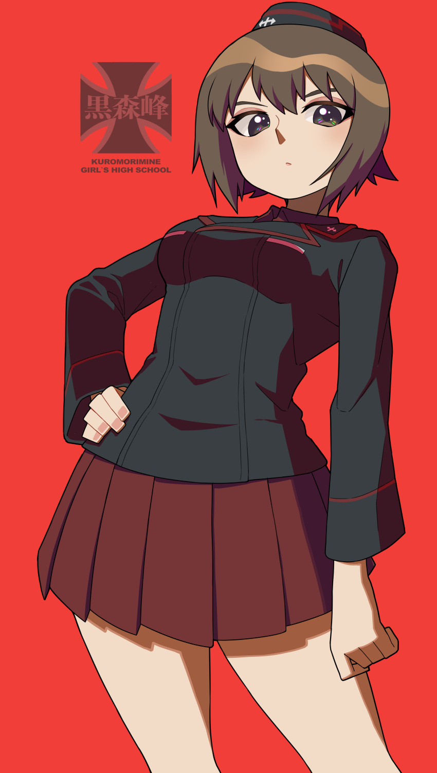 1girl, absurdres, bangs, brown_eyes, brown_hair, emblem, english_text, girls_und_panzer