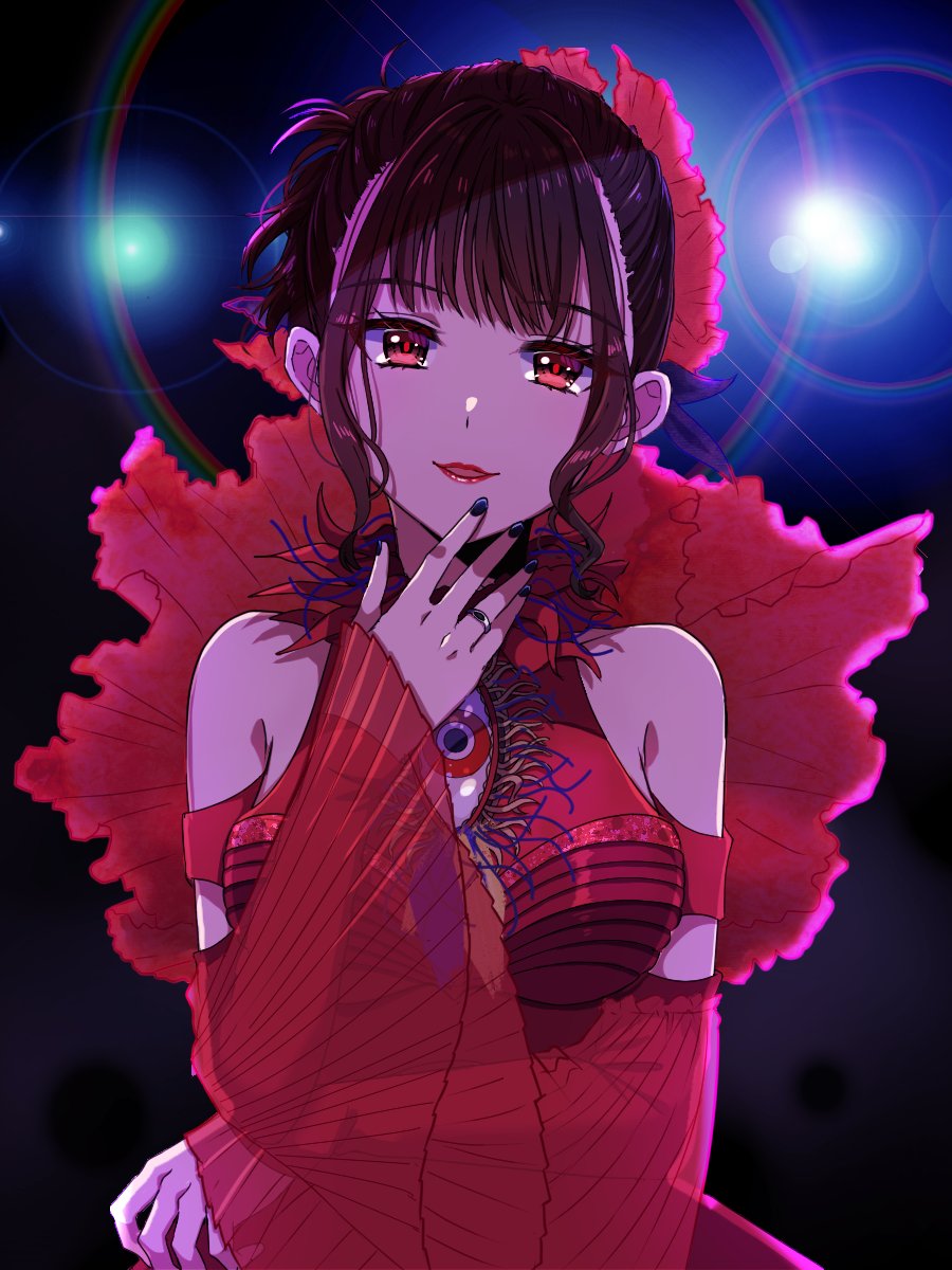 1girl, aguilera_(kamen_rider_revice), bare_shoulders, black_nails, brown_hair, dress, highres, jewelry