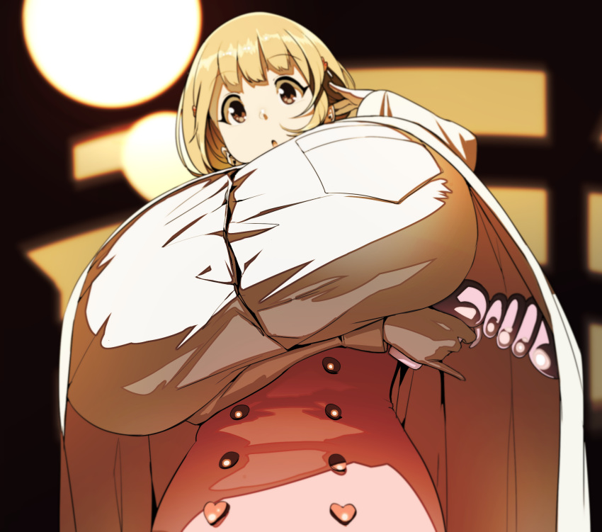 1girl, arm_under_breasts, bangs, blonde_hair, breast_pocket, breasts, dress_shirt, energy_gun