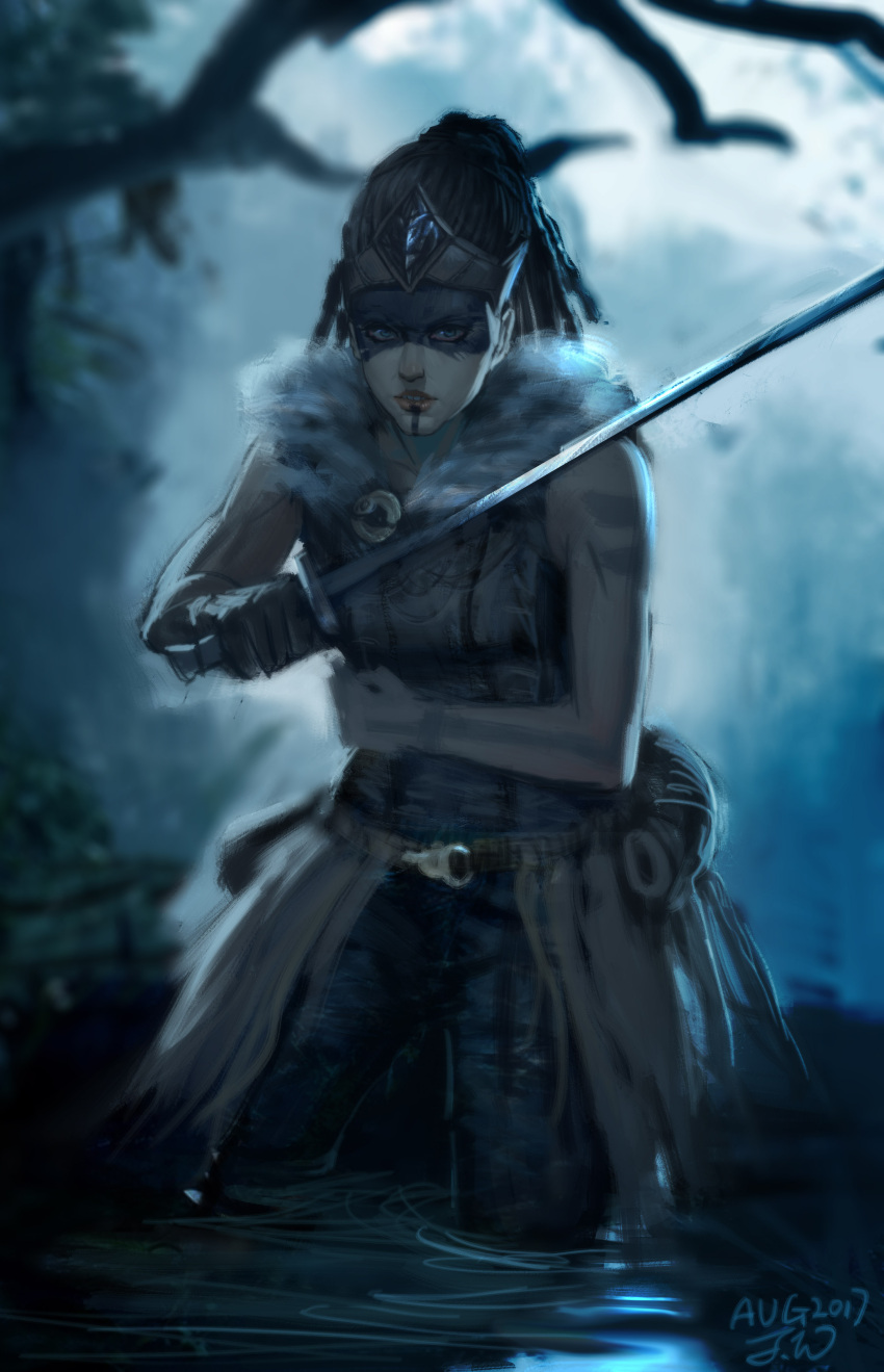 1girl, absurdres, celtic, facepaint, fighting_stance, fur_collar, fur_trim, hair_pulled_back
