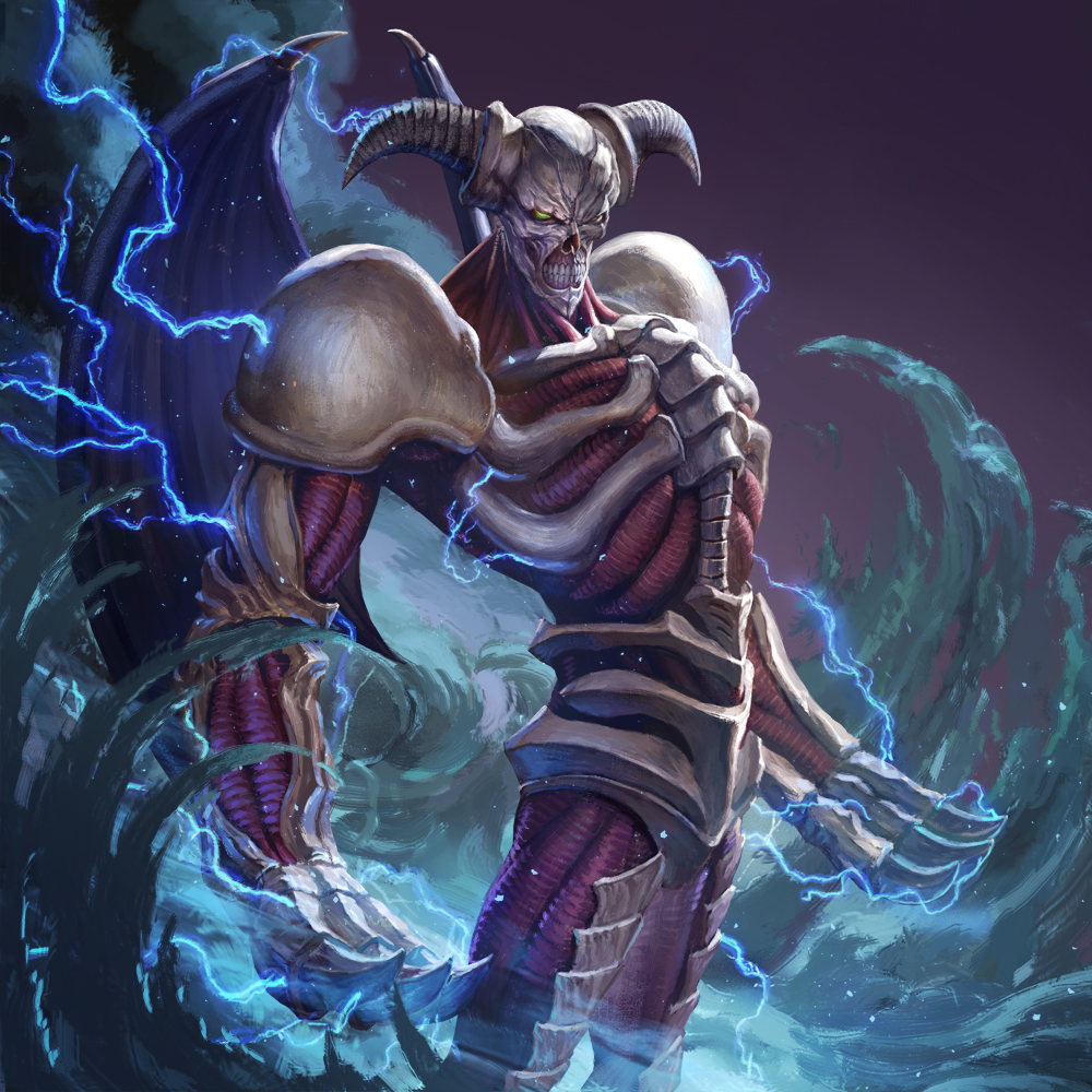 1boy, bone, claws, demon, demon_horns, demon_wings, duel_monster, electricity, exposed_muscle, green_eyes, horns, male_focus, ribs, skull, solo, summoned_skull, suranaki, waves, wings, yu-gi-oh!