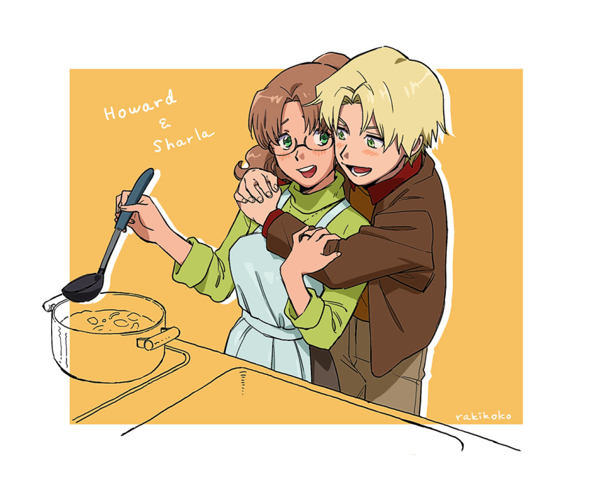blush, cooking, couple, glasses, hetero, howard_(mujin_wakusei_survive), hug, hug_from_behind, jacket, ladle, mujin_wakusei_survive, pot, rakikoko, sharla_(mujin_wakusei_survive), smile, sweater