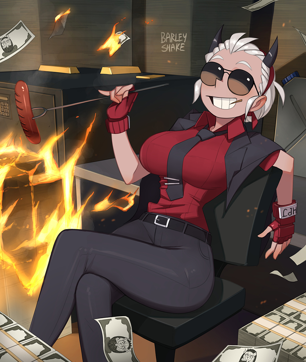 1girl, artist_name, barleyshake, black_horns, black_jacket, black_necktie, black_neckwear, black_pants