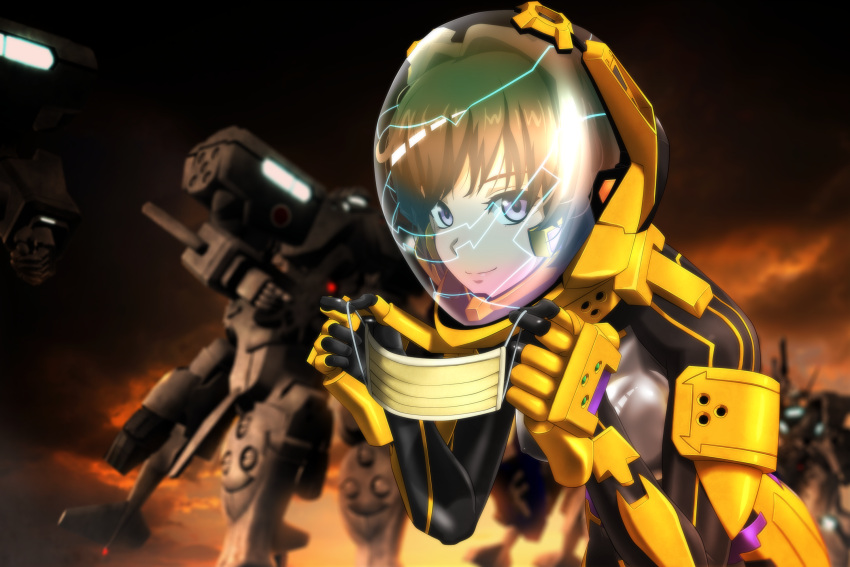 1girl, black_gloves, blurry, blurry_background, brown_hair, clouds, cloudy_sky, covered_nipples, f-4j_gekishin, fortified_suit, genya_(genya67), gloves, helmet, highres, holding, holding_mask, leaning_forward, looking_at_viewer, mask, mecha, mouth_mask, muvluv, muvluv_alternative, muvluv_total_eclipse, pilot_suit, science_fiction, sky, smile, surgical_mask, tactical_surface_fighter, takamura_yui, violet_eyes, visor, xfj-01a_shiranui