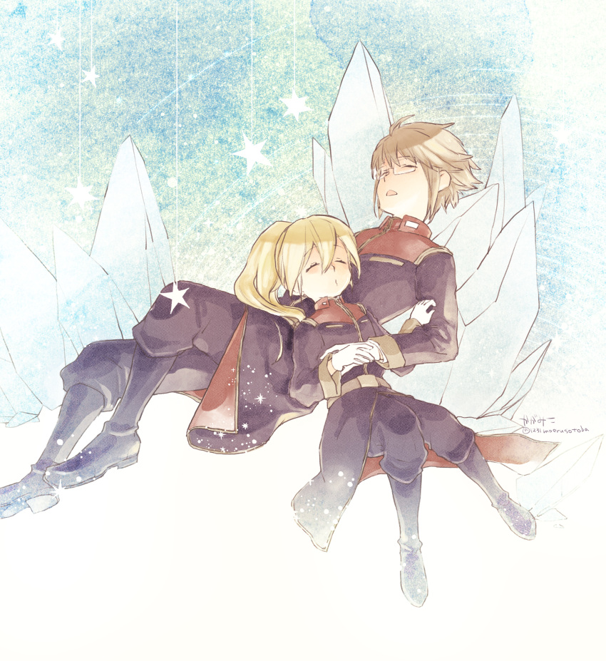 1boy, 1girl, bangs, belle_(crossbone_gundam_ghost), black_jacket, black_pants, brown_hair, closed_eyes