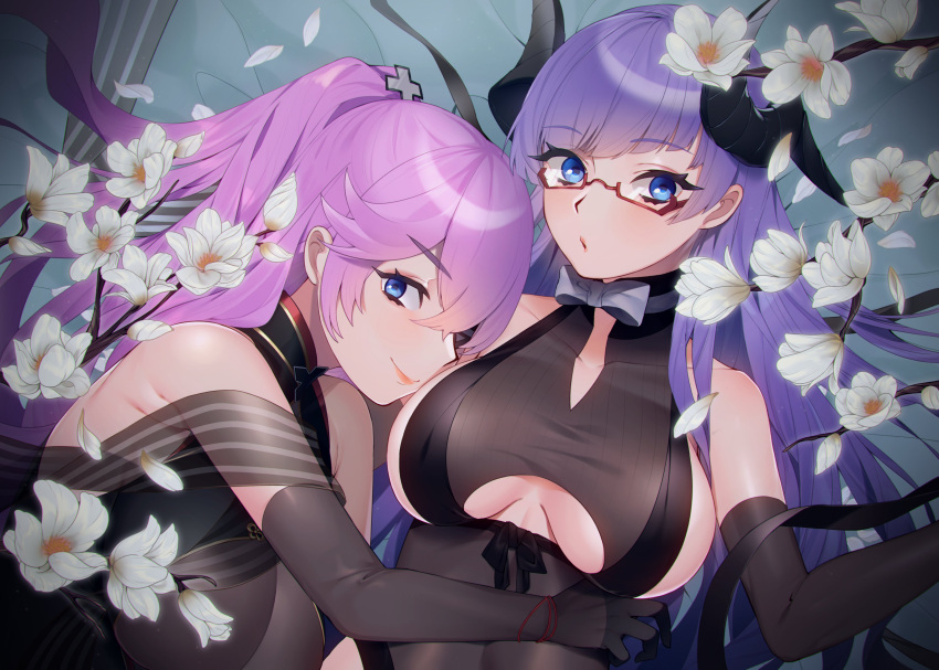 2girls, absurdres, azur_lane, bare_shoulders, black_dress, black_gloves, black_ribbon, blue_eyes, breasts, brown_gloves, brown_leotard, china_dress, chinese_clothes, cleavage_cutout, clothing_cutout, curled_horns, demon_girl, demon_horns, dress, elbow_gloves, eyebrows_visible_through_hair, flower, from_above, from_side, gloves, gneisenau_(azur_lane), gneisenau_(nightmarish_succubus)_(azur_lane), halloween_costume, highres, horns, large_breasts, leotard, long_hair, looking_at_viewer, mimiko_(fuji_310), multiple_girls, official_alternate_costume, pink_hair, purple_hair, rectangular_eyewear, red-framed_eyewear, ribbon, scharnhorst_(azur_lane), scharnhorst_(panther_und_pflaume)_(azur_lane), see-through, skindentation, smile, taut_clothes, taut_dress, underboob_cutout, upper_body, white_flower