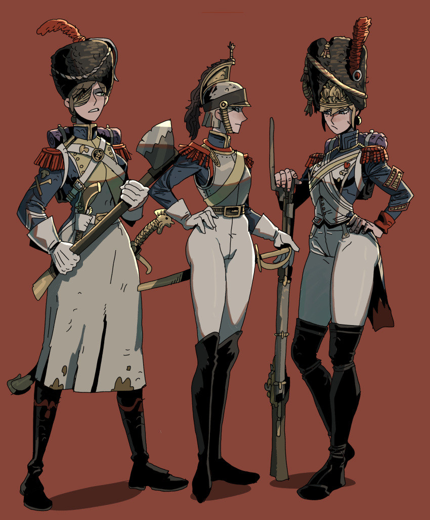 3girls, absurdres, axe, bangs, black_footwear, black_headwear, blue_eyes, blue_jacket, boots, brown_hair, closed_mouth, french_army, full_body, gloves, gun, hair_over_one_eye, hand_on_hip, hat, helmet, highres, ho-uja, holding, holding_axe, holding_gun, holding_sword, holding_weapon, jacket, military, military_hat, military_jacket, military_uniform, multiple_girls, musket, open_mouth, original, pants, plume, red_background, saber_(weapon), shako_cap, sheath, sheathed, simple_background, standing, sword, teeth, uniform, weapon, white_gloves, white_pants