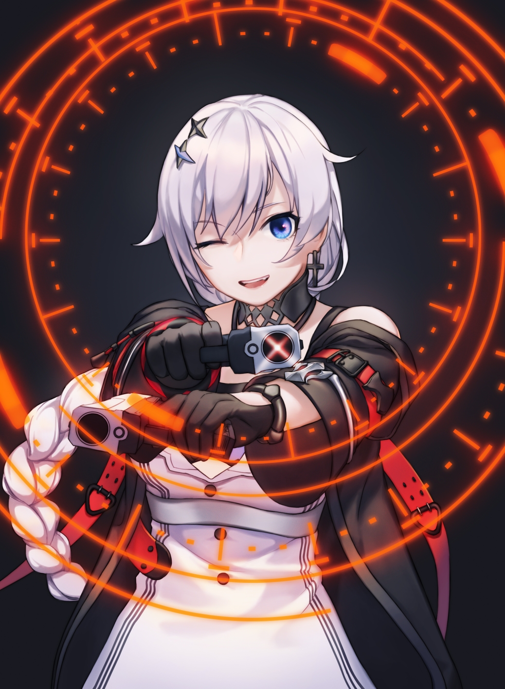 1girl, :d, aiming_at_viewer, bai_lan_gen(1845106313), bangs, black_background, black_gloves, black_jacket