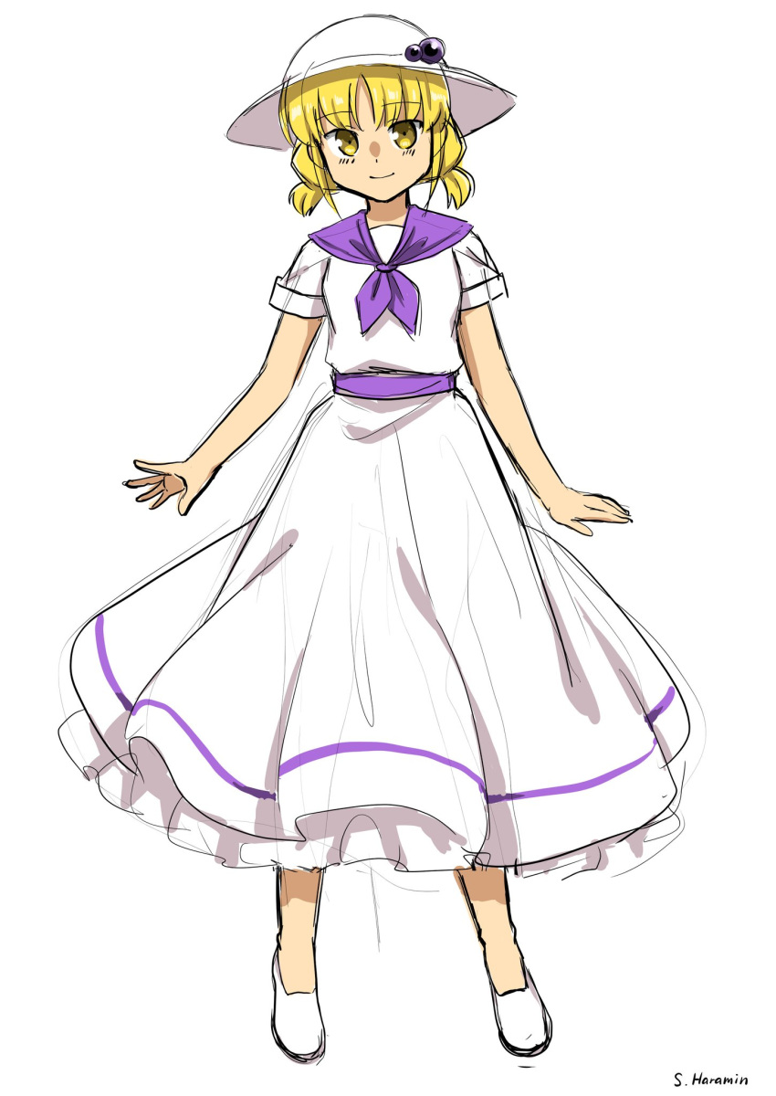 blonde_hair, closed_mouth, dress, eyebrows_visible_through_hair, full_body, haramin3, hat, highres