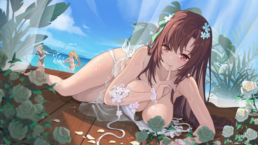 bangs, bare_legs, bare_shoulders, barefoot, bikini, bikini_removed, blonde_hair, blush