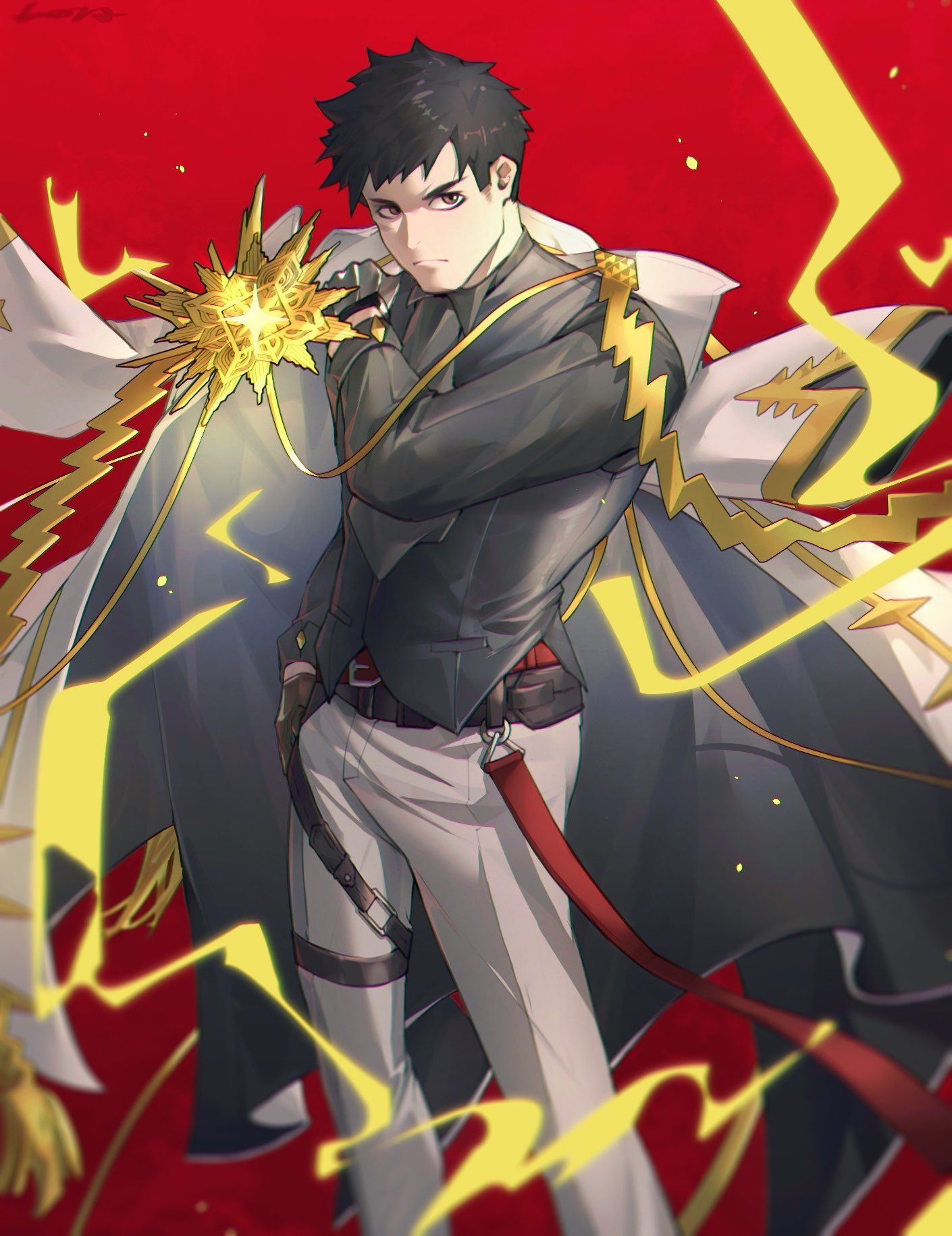 1boy, alchemy_stars, arm_at_side, ascot, belt, belt_buckle, black_hair, black_shirt