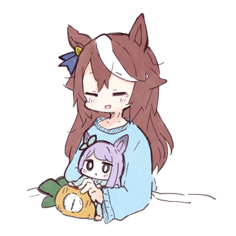 2girls, :d, =_=, alarm_clock, animal_ears, blue_shirt, blush, brown_hair