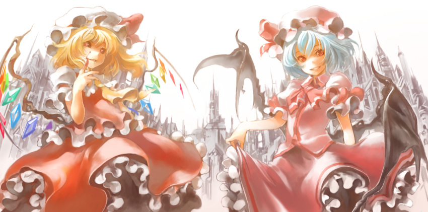 bat_wings, blonde_hair, blood, blue_hair, castle, flandre_scarlet, frills, gathers