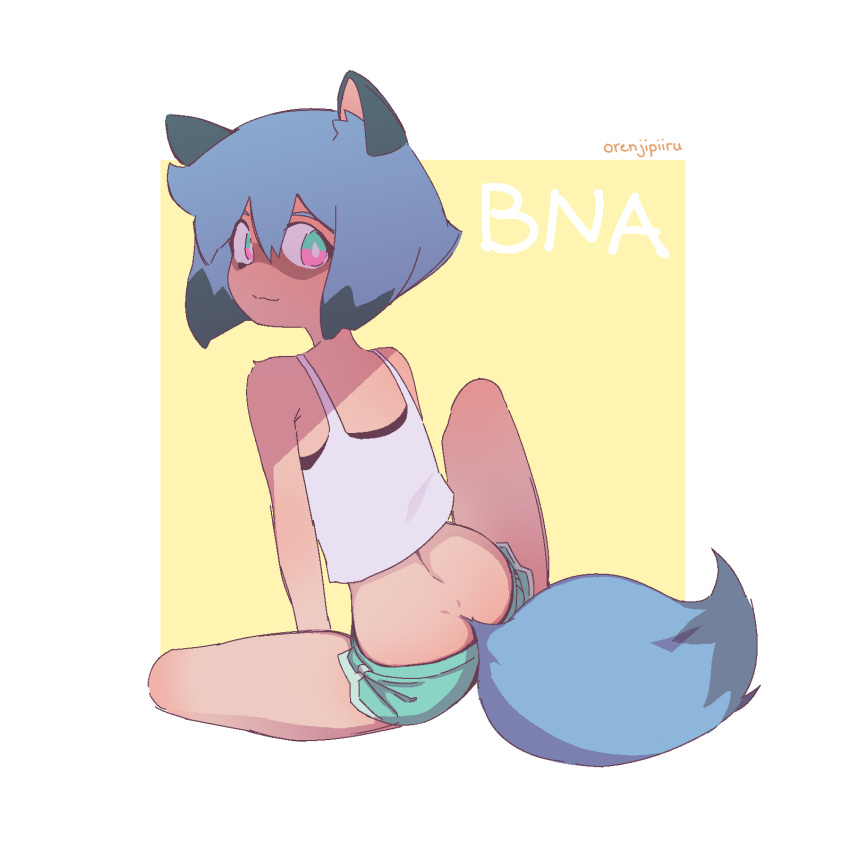 1girl, animal_ears, animal_nose, artist_name, back_peek, black_hair, blue_eyes, blue_hair, body_fur, brand_new_animal, brown_fur, closed_mouth, copyright_name, dolphin_shorts, expressionless, from_behind, furry, furry_female, highres, kagemori_michiru, looking_at_viewer, looking_back, multicolored_eyes, multicolored_hair, orange_peel_(artist), pink_eyes, raccoon_ears, raccoon_girl, raccoon_tail, shirt, short_hair, shorts, sitting, solo, tail, tank_top, tanuki, two-tone_background, two-tone_hair, white_background, white_shirt, yellow_background
