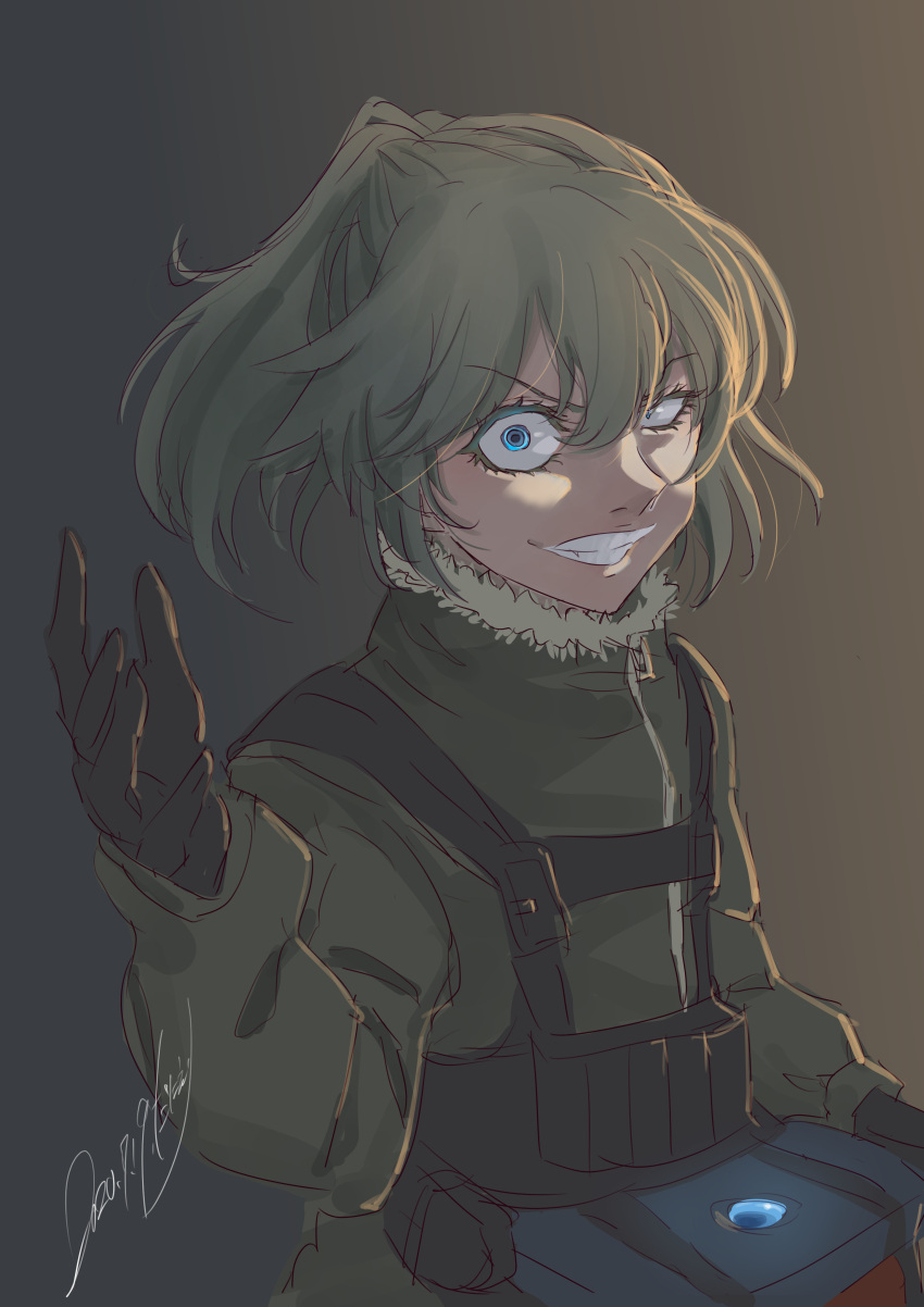 1girl, absurdres, blonde_hair, blue_eyes, brown_gloves, constricted_pupils, crazy_smile, danieri