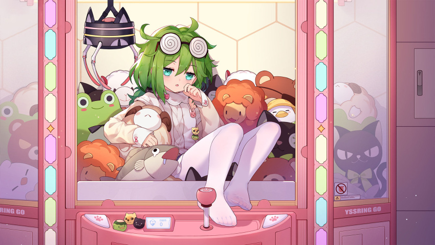 1girl, :o, bags_under_eyes, bangs, benghuai_xueyuan, character_name, crane_game, eyewear_on_head