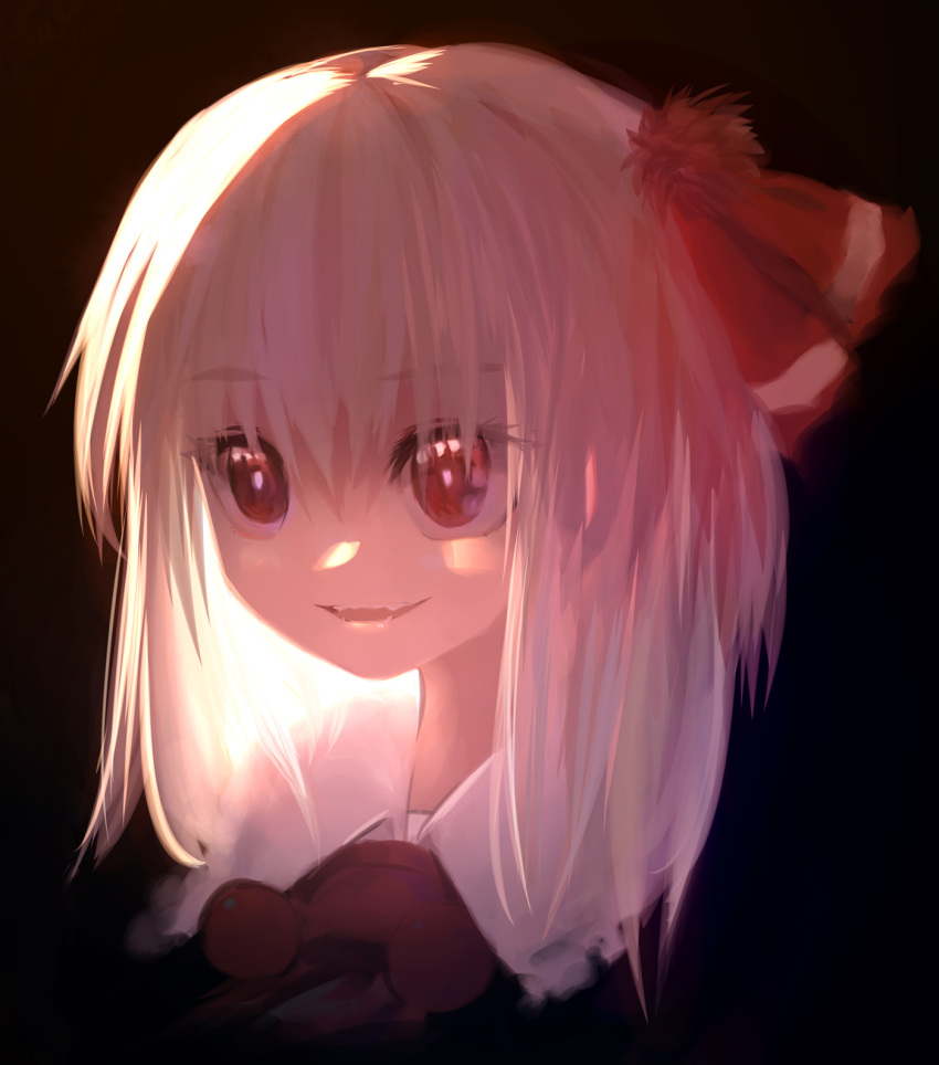1girl, ascot, bangs, beads, blonde_hair, bright_pupils, commentary_request, dark_background