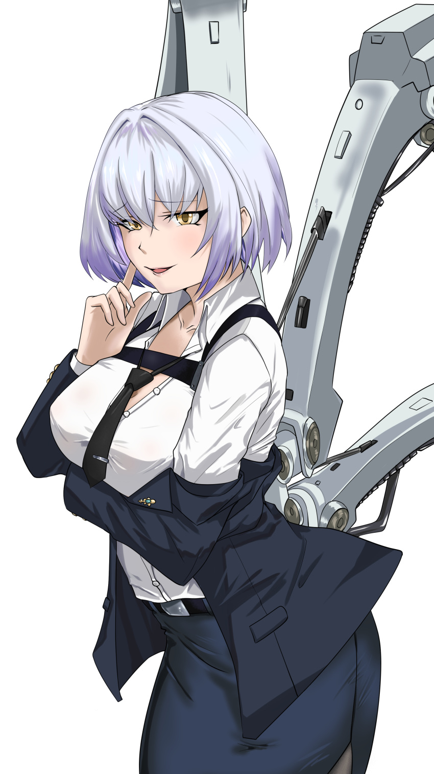 1girl, absurdres, arm_up, bangs, belt, black_necktie, blue_jacket, blue_skirt