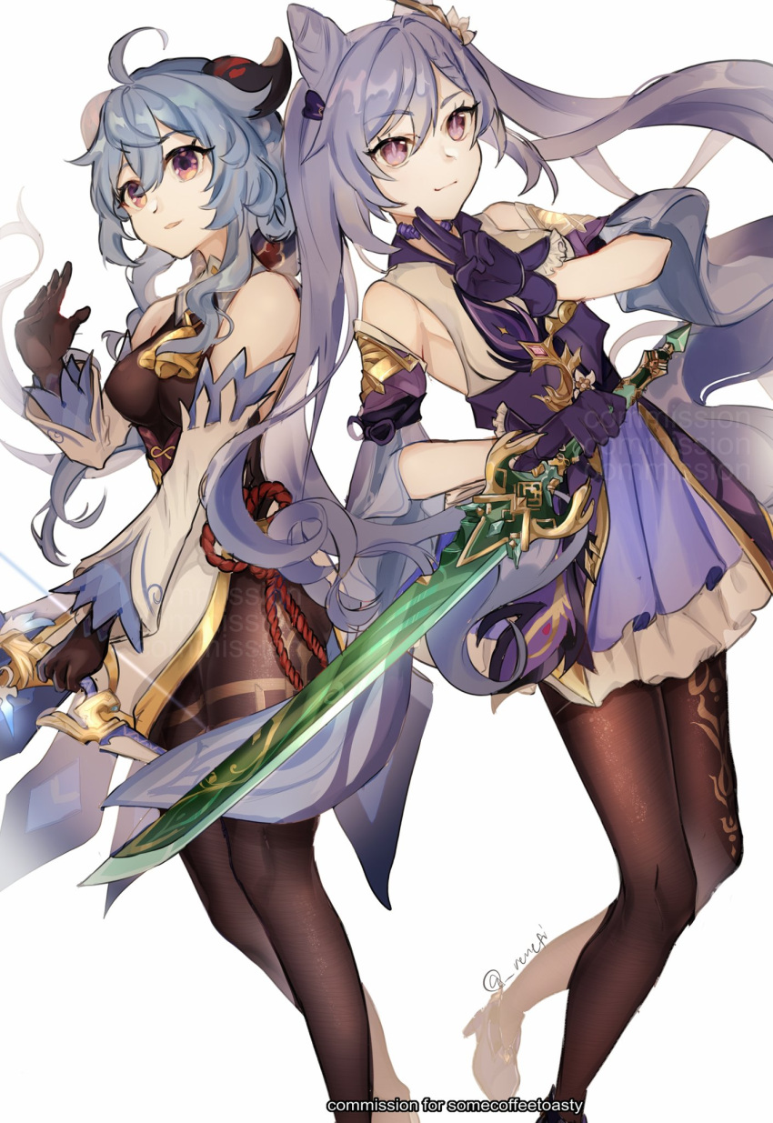 2girls, ahoge, artist_name, bangs, bare_shoulders, bell, black_gloves, black_legwear, blue_hair, bow, bow_(weapon), breasts, chinese_knot, commission, curled_horns, detached_sleeves, dress, eyebrows_visible_through_hair, flower_knot, ganyu_(genshin_impact), genshin_impact, gloves, gold_trim, hair_cones, high_heels, highres, holding, holding_bow_(weapon), holding_sword, holding_weapon, horns, keqing_(genshin_impact), long_hair, looking_at_viewer, low_ponytail, medium_breasts, multiple_girls, neck_bell, nene_(_renefi), pantyhose, purple_dress, purple_hair, red_eyes, sidelocks, sword, tassel, thighlet, twintails, violet_eyes, weapon, white_background, white_sleeves