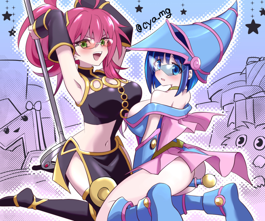 2girls, ahoge, armpits, arms_up, bare_shoulders, blue_eyes, blue_footwear, blue_hair
