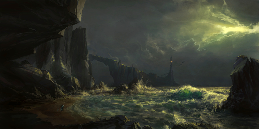 absurdres, beach, cape, cliff, clouds, cloudy_sky, dragon, highres, incredibly_absurdres, krita_(medium), landscape, lighthouse, night, ocean, original, outdoors, philipp_urlich, scenery, sky, waves