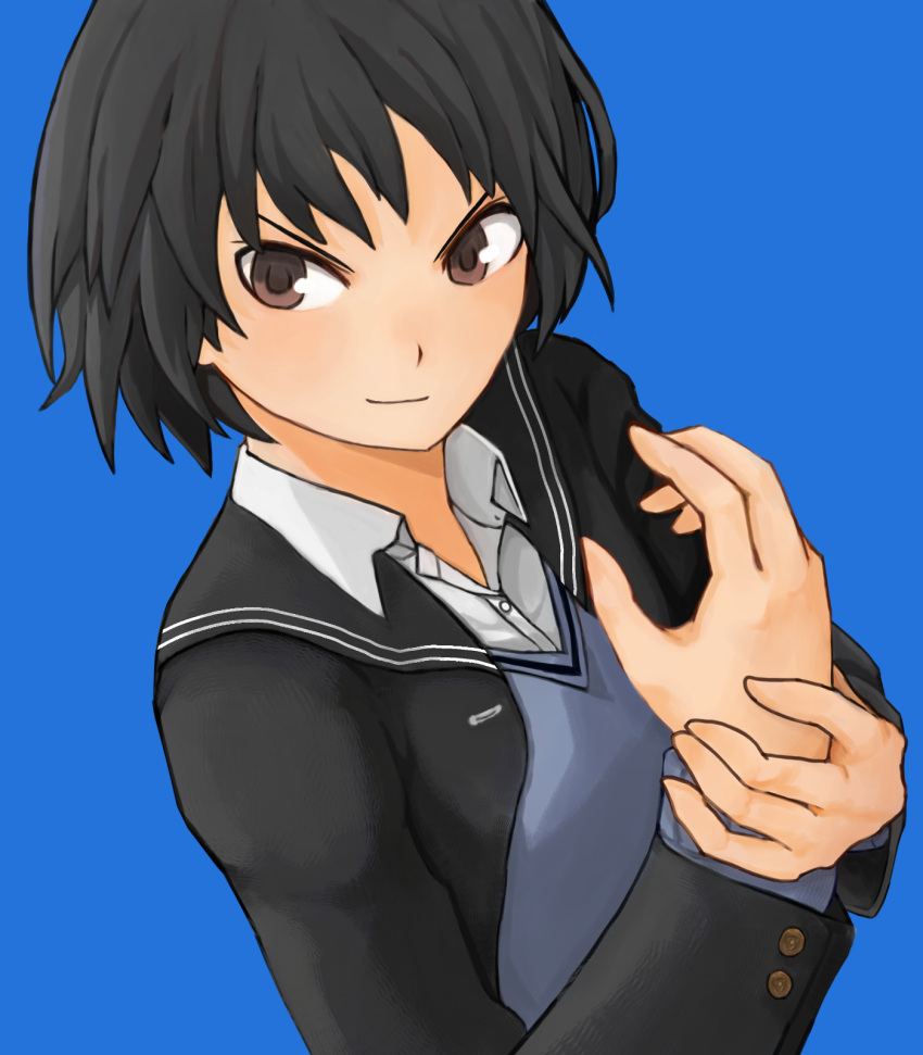 1girl, amagami, black_hair, blazer, blue_background, blue_sweater, brown_eyes, dutch_angle, highres, jacket, kibito_high_school_uniform, looking_at_viewer, nanasaki_ai, school_uniform, shirt, smile, solo, sweater, temaedo, upper_body, white_shirt