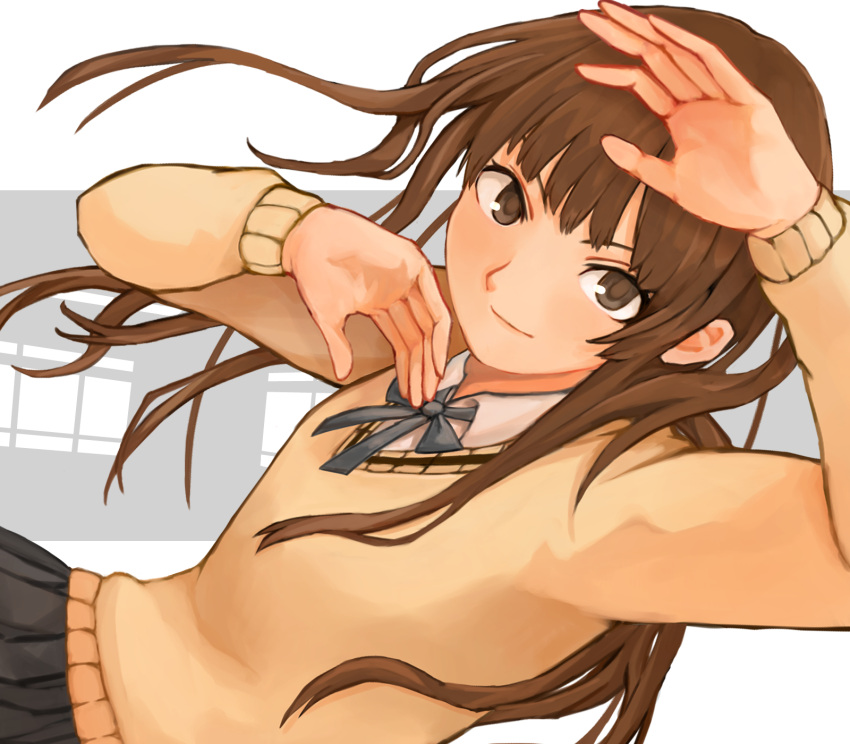 1girl, amagami, arms_up, black_skirt, brown_eyes, brown_hair, collared_shirt, dutch_angle, highres, kamizaki_risa, long_hair, looking_at_viewer, messy_hair, shirt, skirt, smile, solo, sweater, tan_sweater, temaedo, white_shirt