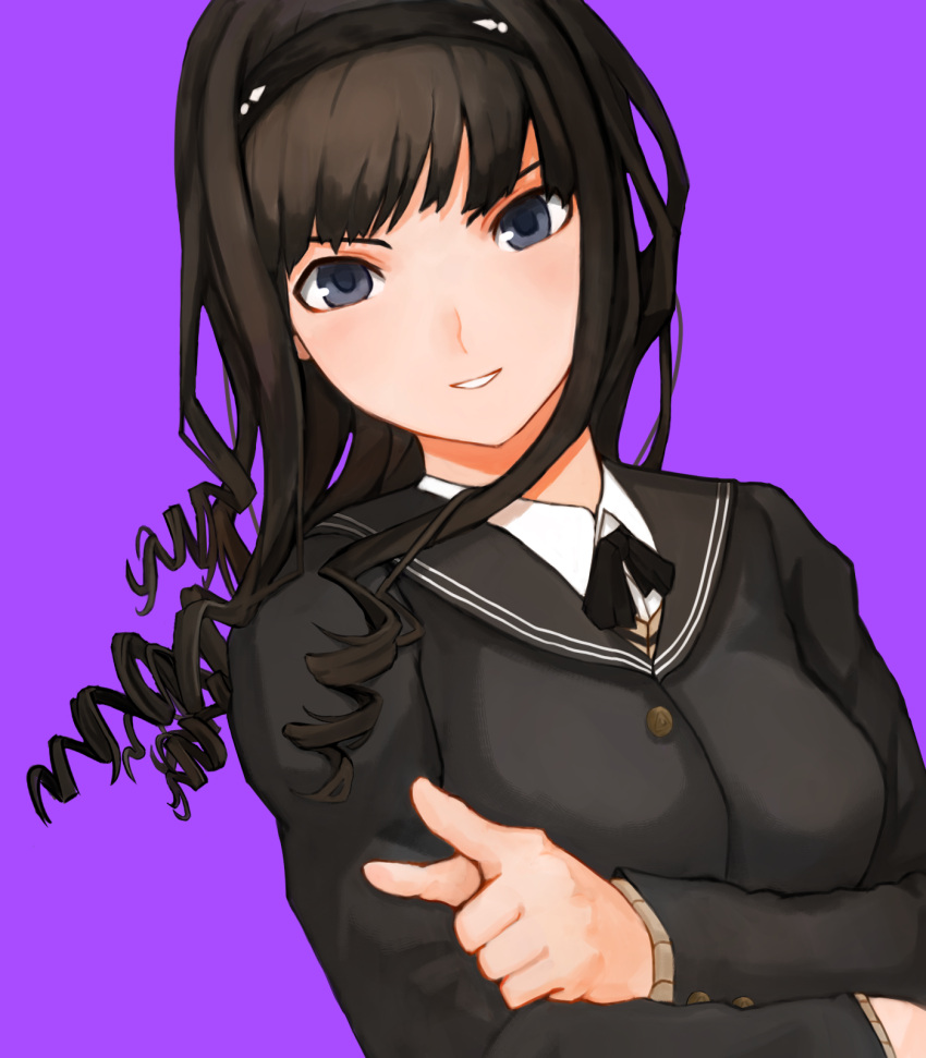 1girl, amagami, black_hairband, blue_eyes, breasts, brown-haired_cat_girl_(kevbot), crossed_arms, drill_hair