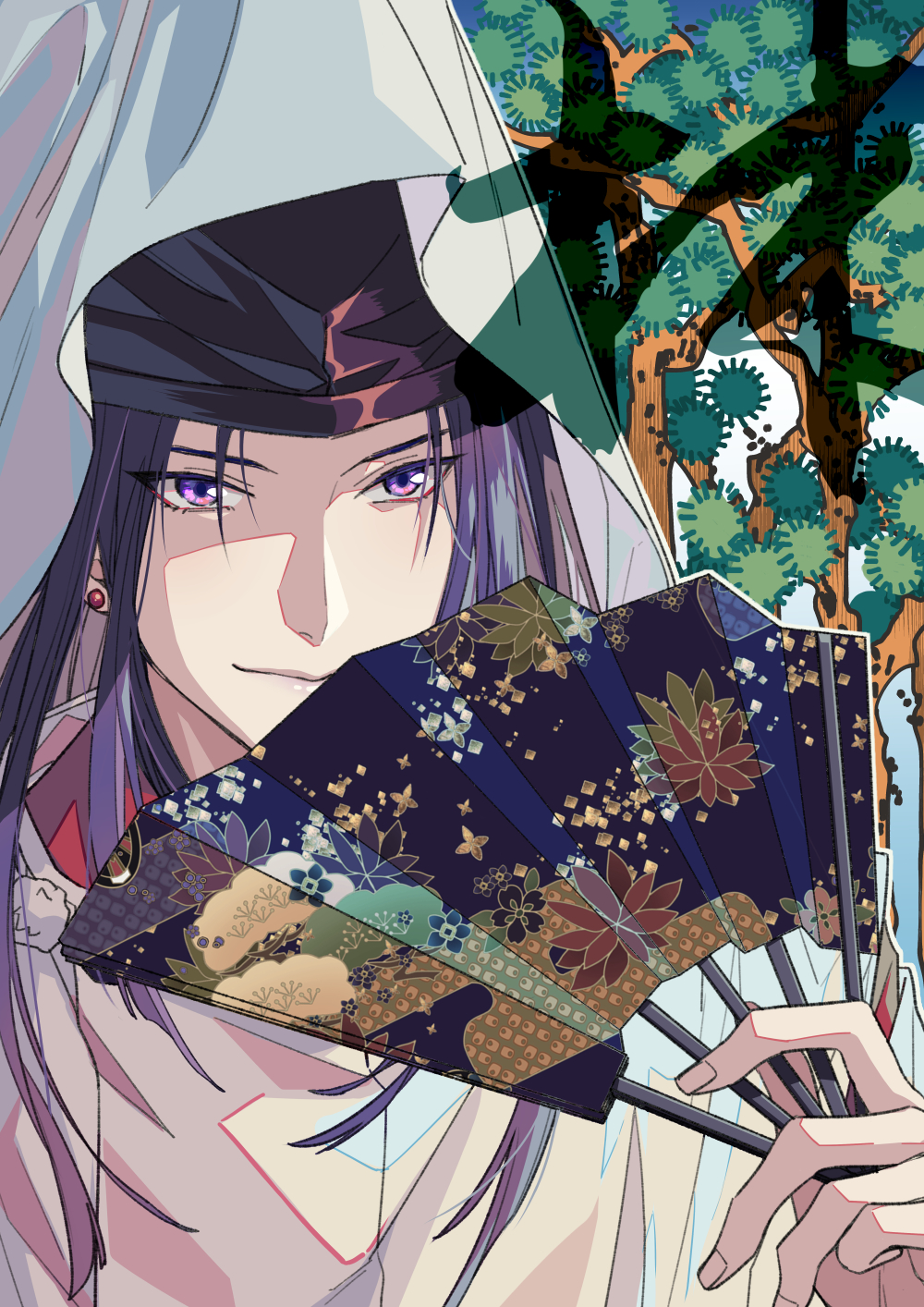 1boy, black_hair, black_headwear, commentary_request, ear_piercing, egasumi, eyes_visible_through_hair, fan_to_mouth