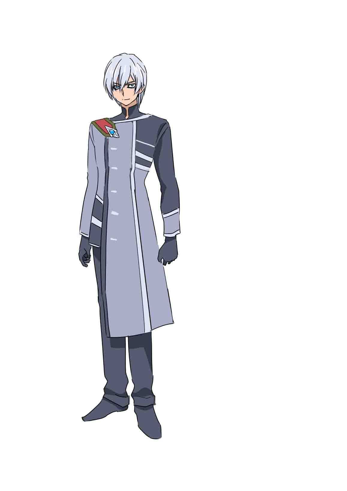 1boy, black_footwear, black_gloves, black_pants, blue_eyes, capelet, character_sheet, darkness_heels, darkness_heels_lili, evil_tiga, eyebrows_visible_through_hair, full_body, gloves, grey_hair, grey_suit, highres, humanization, looking_at_viewer, official_art, pants, royal, short_hair, solo, tsunashima_shirou, ultra_series, ultraman_tiga_(series)